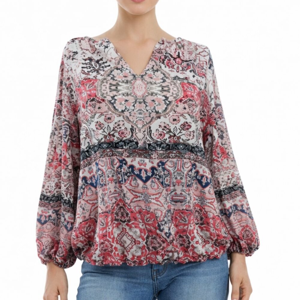 Boho Paisley Blouse Women XL Rayon Peasant Top Indie Soft Grunge Y2K Lightweight